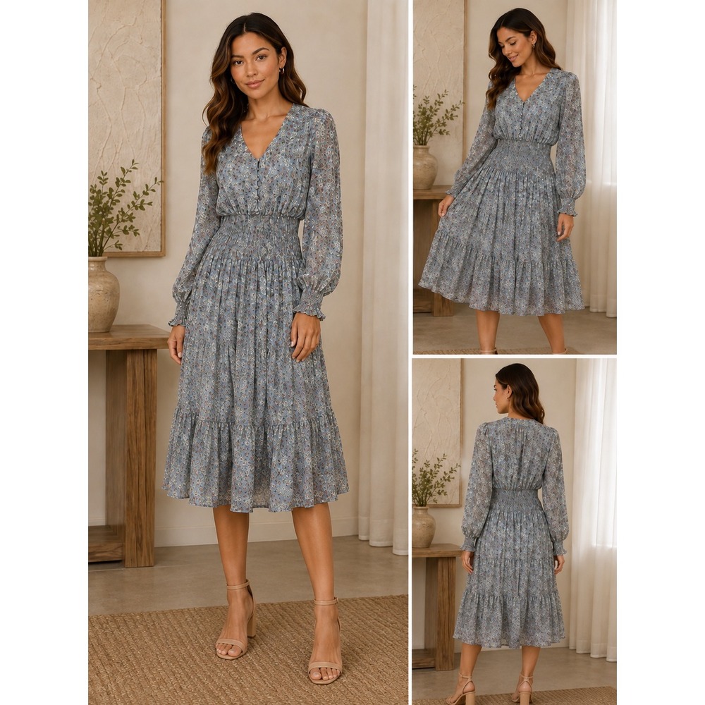 Entro Boho  Prairie Tiered  Smocked Cuff & Waist Maxi Dress Size‎ Medium